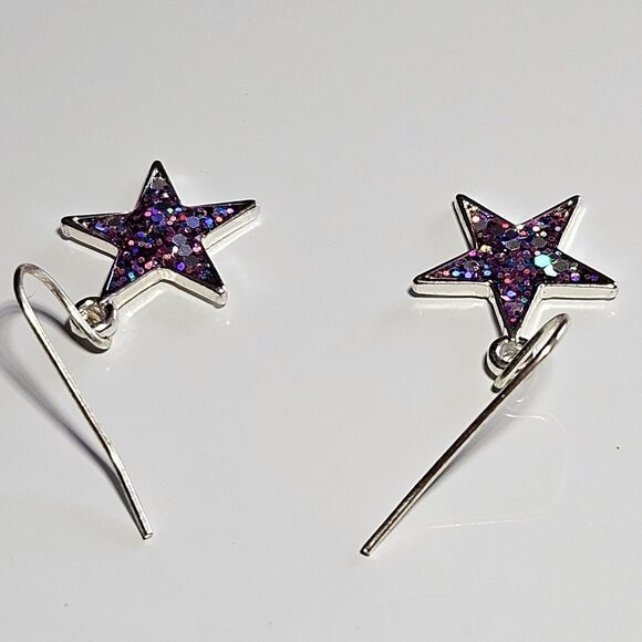 Silver Tone Dainty Pink Glitter Inlay Stars Dangling Earrings - Picture 9 of 11